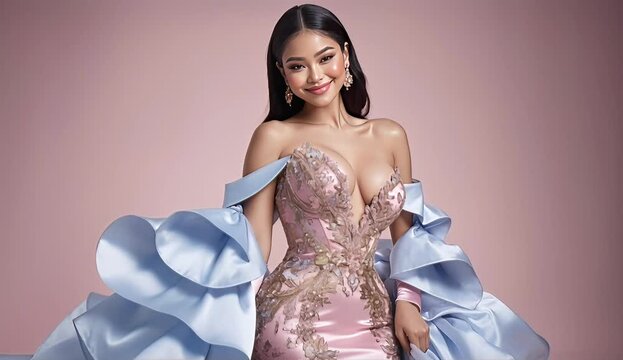 Fashion model wearing a futuristic pink and blue design of a long duchesse gown