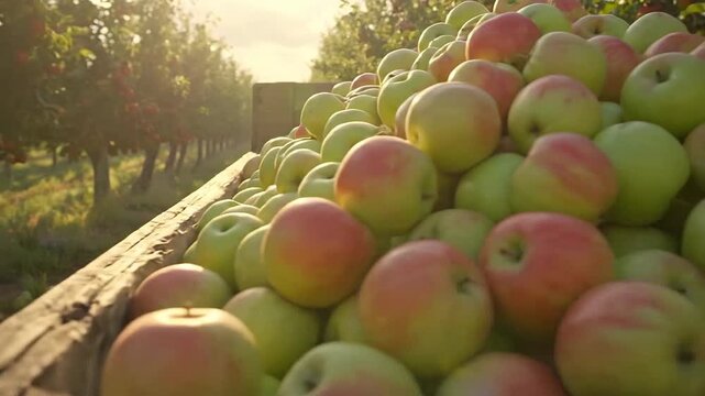 A bountiful harvest of ripe apples fills a wooden cart in orchard.