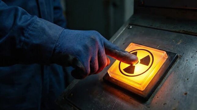 Hand pressing a glowing yellow button with a black radiation hazard symbol on an industrial control panel, signifying danger, emergency, or nuclear...
