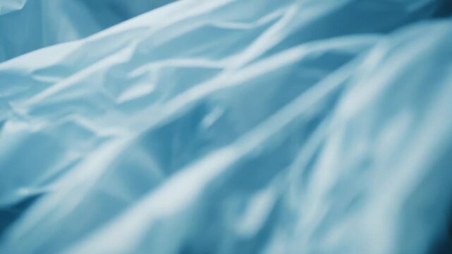 Blue plastic material featuring a wrinkled texture and translucent film creating an abstract, synthetic background with folded creases and light reflections