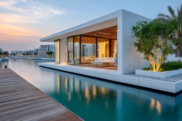 Fototapeta premium Modern floating villa on water during sunset creating reflections