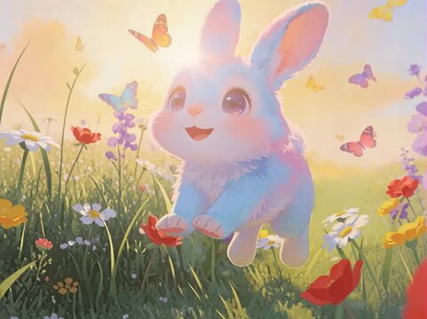 Fluffy Pastel-Colored Baby Bunny In A Vibrant Wildflower Meadow At Golden Hour, Butterflies Fluttering Around As The Bunny Joyfully Hops Through The Tall Grass In Real Time