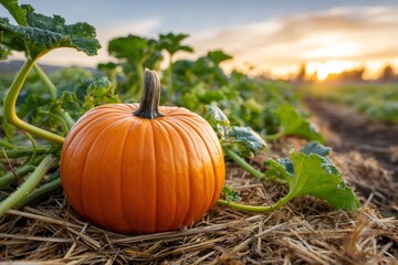 Orange pumpkin growing in autumn farm field at sunset