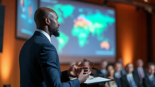 African Businessman Speaking at a Global Economic Strategies at International Business Conference. Public Speaker Sharing Professional Knowledge and Leadership Insights. Shot from Behind.