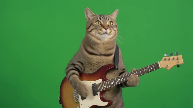 Tabby Cat Playing Electric Guitar on Green Screen Background