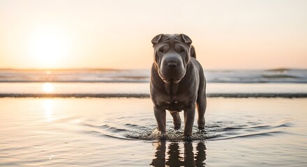 Majestic Shar Pei Dog in Sunset Water Reflection