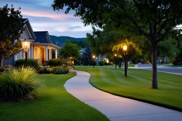 Fototapeta premium Sidewalk winding through suburban neighborhood at twilight