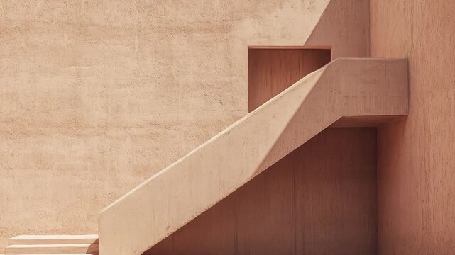 Minimalist concrete architecture forming an abstract composition with strong geometric shapes, intricate shadow patterns, and a warm, inviting monochromatic color palette under natural daylight