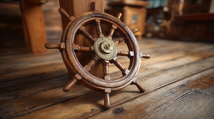 Obraz premium Antique wooden ship steering wheel on a rustic wooden floor