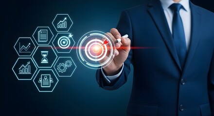 Fototapeta premium Goal setting and strategic focus using digital interface. businessman selecting target icon and strategy dashboard. strategic planning, performance tracking and digital business management for success