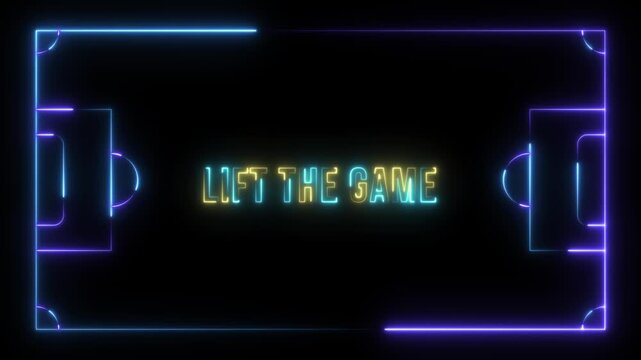 A compelling neon animation displays the encouraging statement "Live the Game" inside a futuristic, glowing outline of a sports field. 4k video
