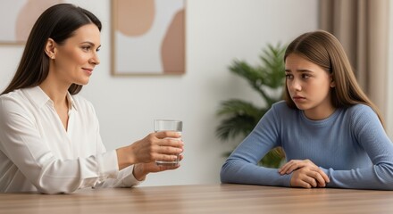 supportive woman offering glass of water to sad teenage girl in a calm home environment