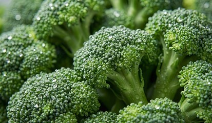 Extreme close up of wet broccoli vegetable texture with water droplets freshness concept