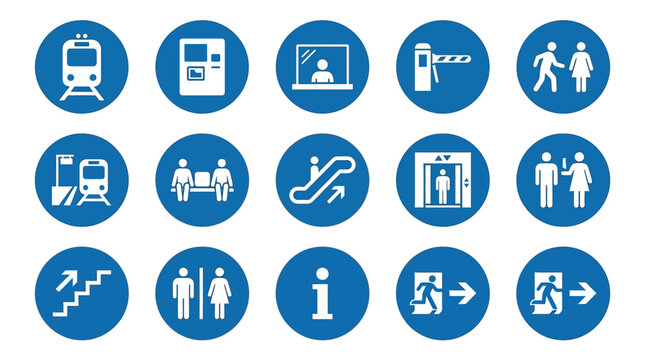 Train Station KRL Icon Set 12 Blue Circle ISO Transit Wayfinding Pictograms
