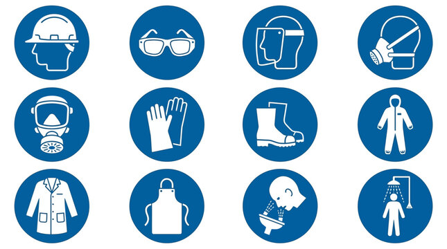 Industrial PPE Icon Set 12 Blue Circle Safety Pictograms ISO Style