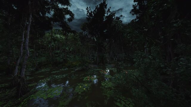 ancient tree trunk dominating dark wet woodland with massive roots and mossy bark, cinematic textured close scene for arborist inspection, hollow cavities,