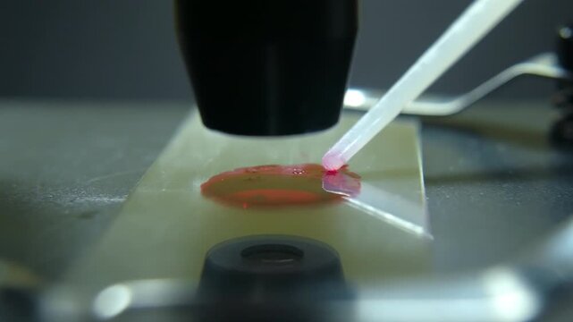 Scientist stirring blood sample on microscope slide with laboratory tool, close up.