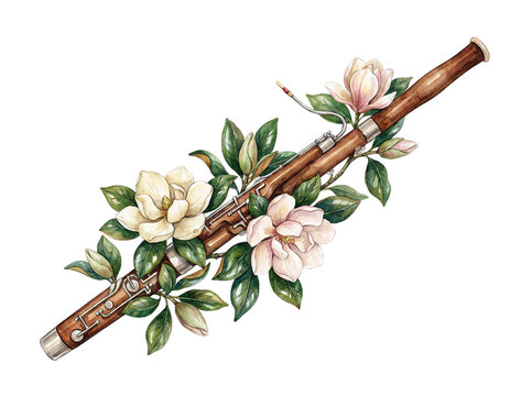 Classical wooden bassoon wind instrument wrapped in white magnolia flowers watercolor painting
