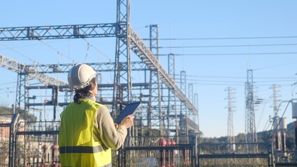 Female engineer in safety vest and hard hat using a digital tablet, monitoring an electrical substation for energy grid management and infrastructure maintenance © DawDunia