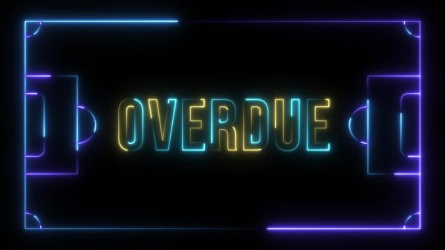 A dynamic neon soccer field design presents the word 'OVERDUE' in bold, shimmering lights, suggesting imminent triumph. 4k video
