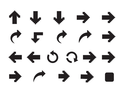 Pixel art arrow set. collection of retro 8-bit digital pointers. video game style icons