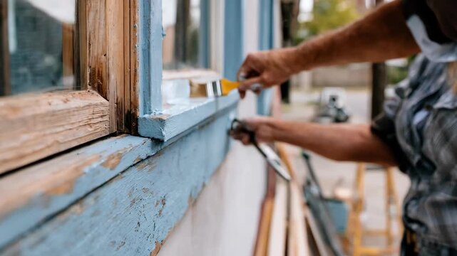 Closeup on a sealing brush coating basement window frames with waterproof sealant to block dampness in lowerlevel units.