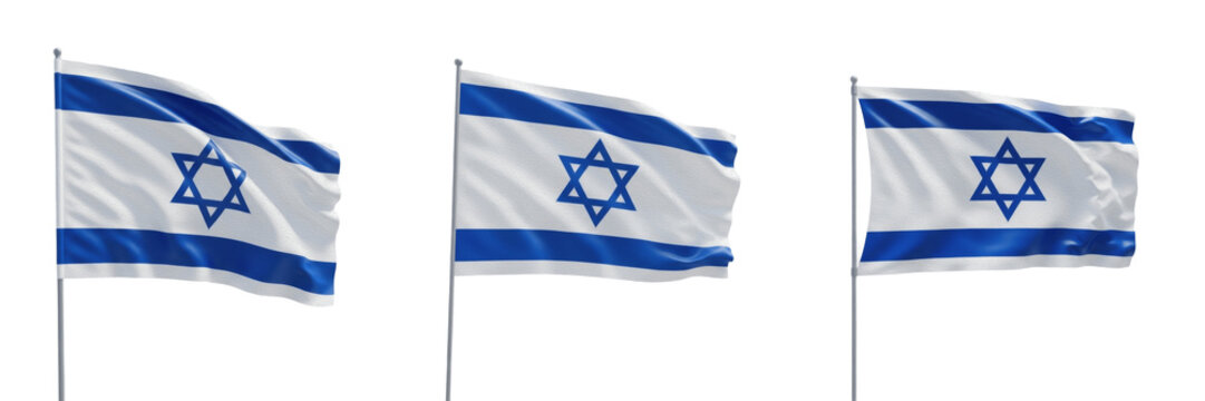 Set of Waving National Flags of Israel on Flagpoles Isolated on White Background