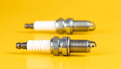 Spark Plugs with Ceramic Insulators and Metallic Threaded Bodies on Yellow Background