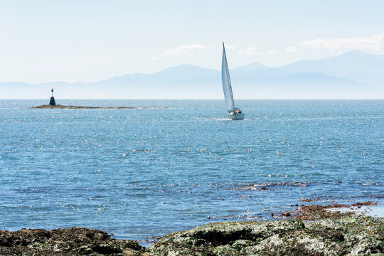 Sailing Stiff Winds in Haro Strait Oak Bay.Sailing in a stiff breeze off Cattle Point near Victoria. British Columbia, Canada.
