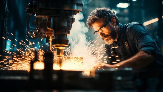 Worker operates machine and creates sparks in metal shop during daylight hours