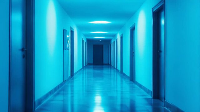 Long interior hallway appearing dark blue with multiple doors on both sides, creating a sense of deep perspective, glow, and an eerie atmosphere towards the unknown