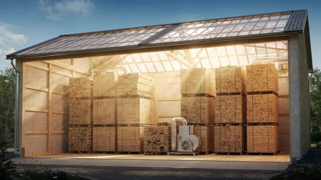 Solarassisted timber drying kiln capturing sunlight energy with medium shot of lumber piles drying sustainably to reduce environmental impact.