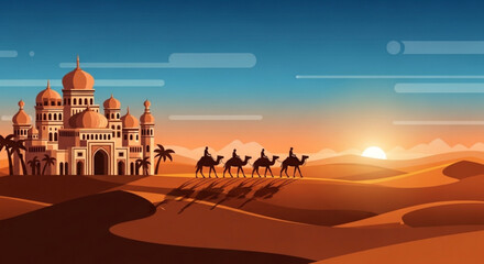 Camels and riders pass ancient desert palace at sunset with orange domes and sandy dunes © Faadi