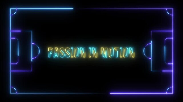 An electrifying digital sports arena, defined by vivid neon blue and purple lights, features the insightful declaration "PASSION IS ENERGY" at its illuminated core. 4k video