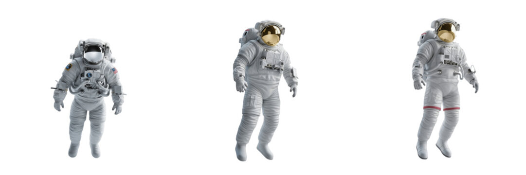 Set of Astronauts in Space Suits Floating in Zero Gravity Isolated on White Background