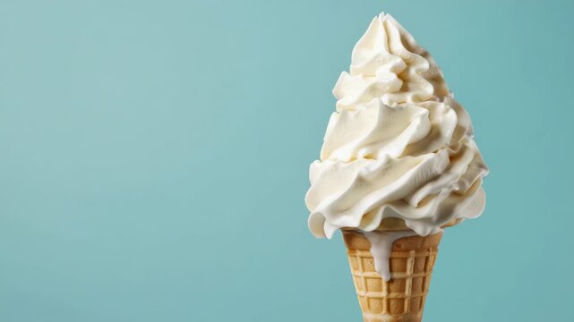 Soft serve ice cream cone with waffle on blue background