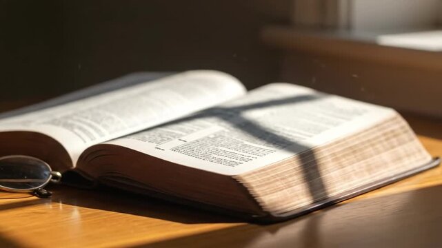 Vintage eyeglasses and open bible in warm sunlight, golden hues, Ash Wednesday reflection and Lenten spiritual study