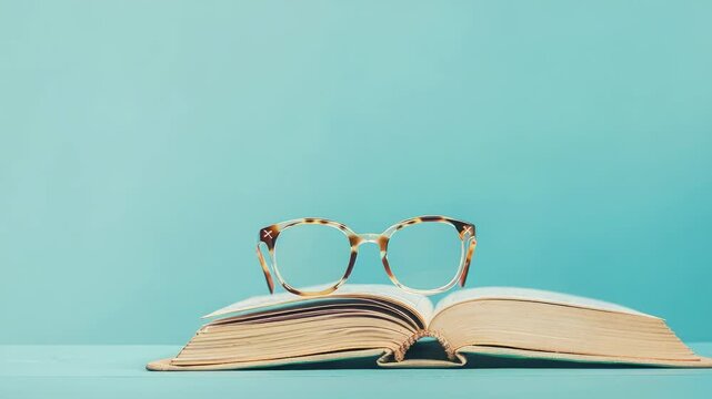 Tortoiseshell glasses on open book against blue background