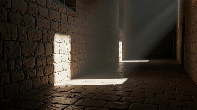 Medieval stone hallway with light rays, warm earthy tones, representing Ash Wednesday reflection