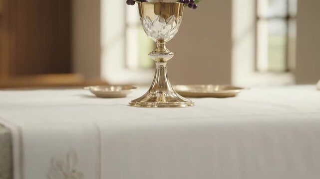 Altar with white cloth and golden chalice, warm neutral tones, Ash Wednesday communion preparation
