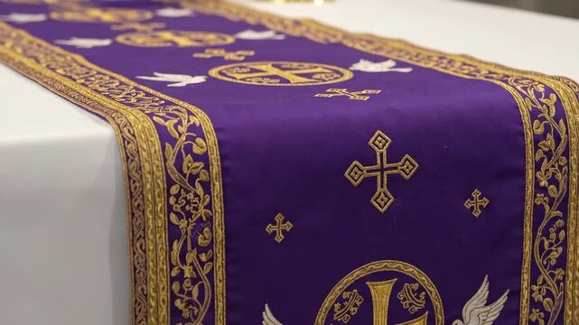 Embroidered purple altar cloth with golden cross and doves for Ash Wednesday services