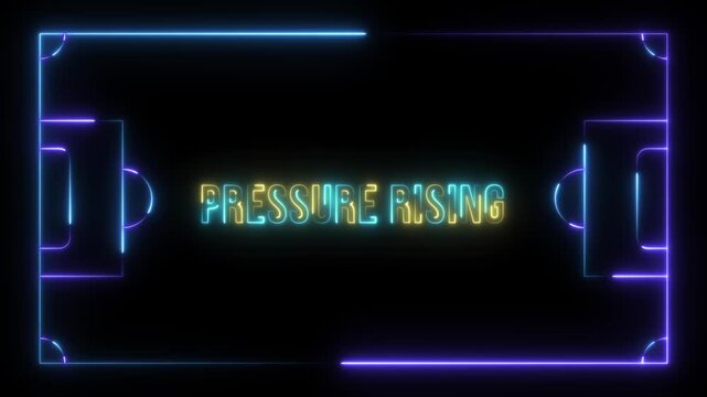 A compelling digital sports field, defined by luminous neon blue and purple lines, distinctly features the tense and escalating phrase "PRESSURE RISING" at its glowing core. 4k video