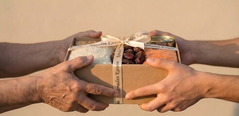 Sharing Food Donation During Ramadan, Hands Giving Gift Box