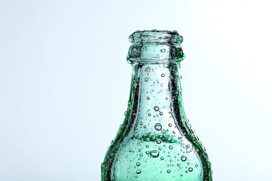 A refreshing close-up of a glass bottle's wet neck, revealing a symphony of tiny, glistening water droplets, evoking a sense of coolness and purity.
