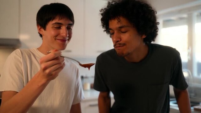 Two friends tasting homemade tomato sauce while cooking in kitchen