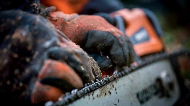 Closeup of hands replacing a worn chain on a gaspowered chainsaw highlighting the precision and care needed for safe maintenance.