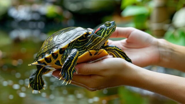 Person holding turtle outdoors with water and greenery in background