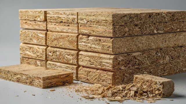 Briquettes formed from compressed veneer offcuts tightly stacked demonstrating ecofriendly upcycling methods for wood filler products.