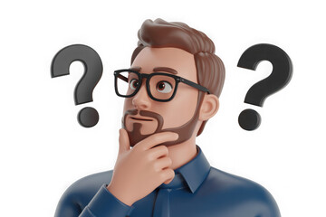 Man with glasses thinking with question marks isolated on transparent background