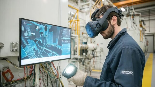 Worker practicing technical skills through interactive VR training module improving precision and confidence in complex machinery operation.